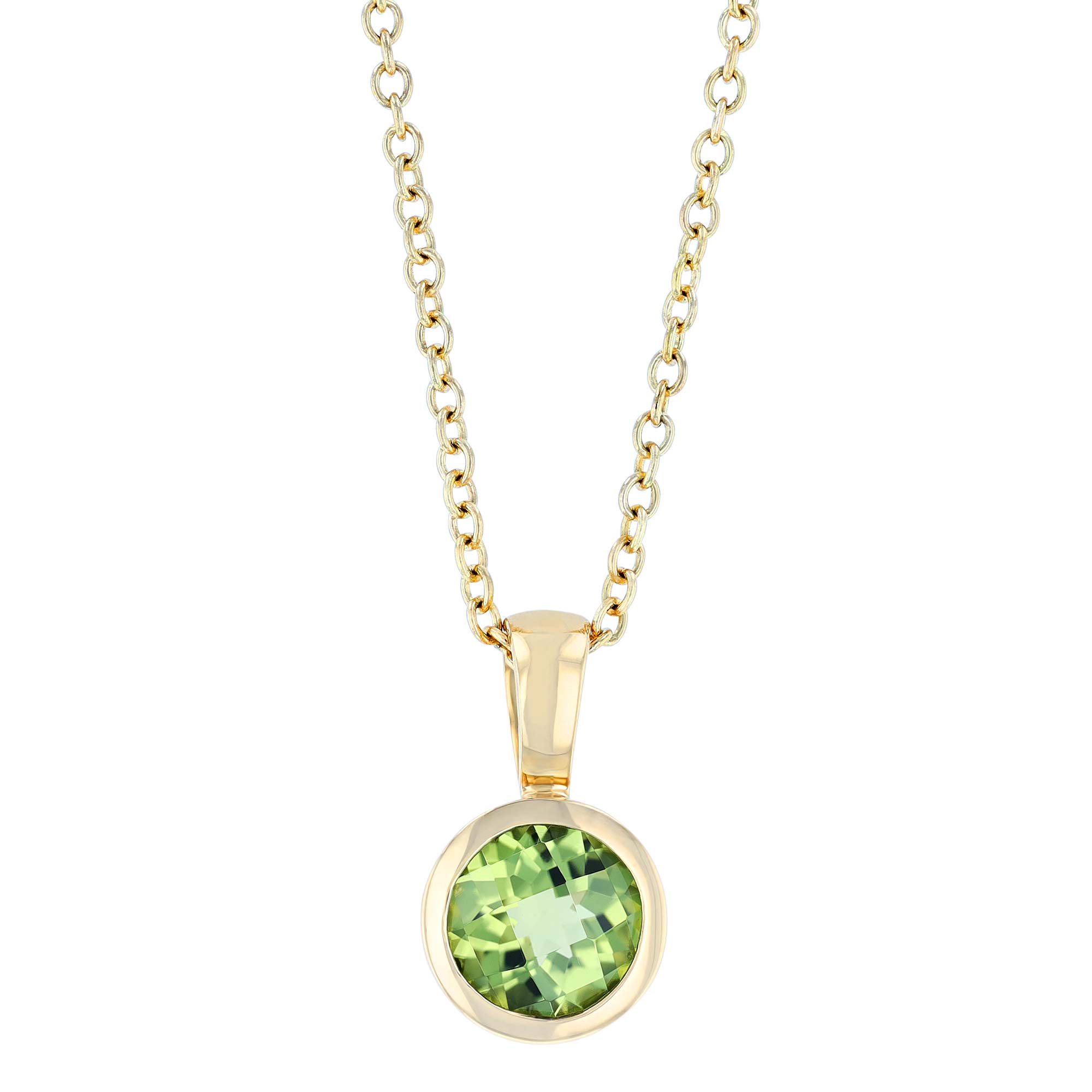 Round Peridot Bezel Set Pendant in Yellow Gold, 18