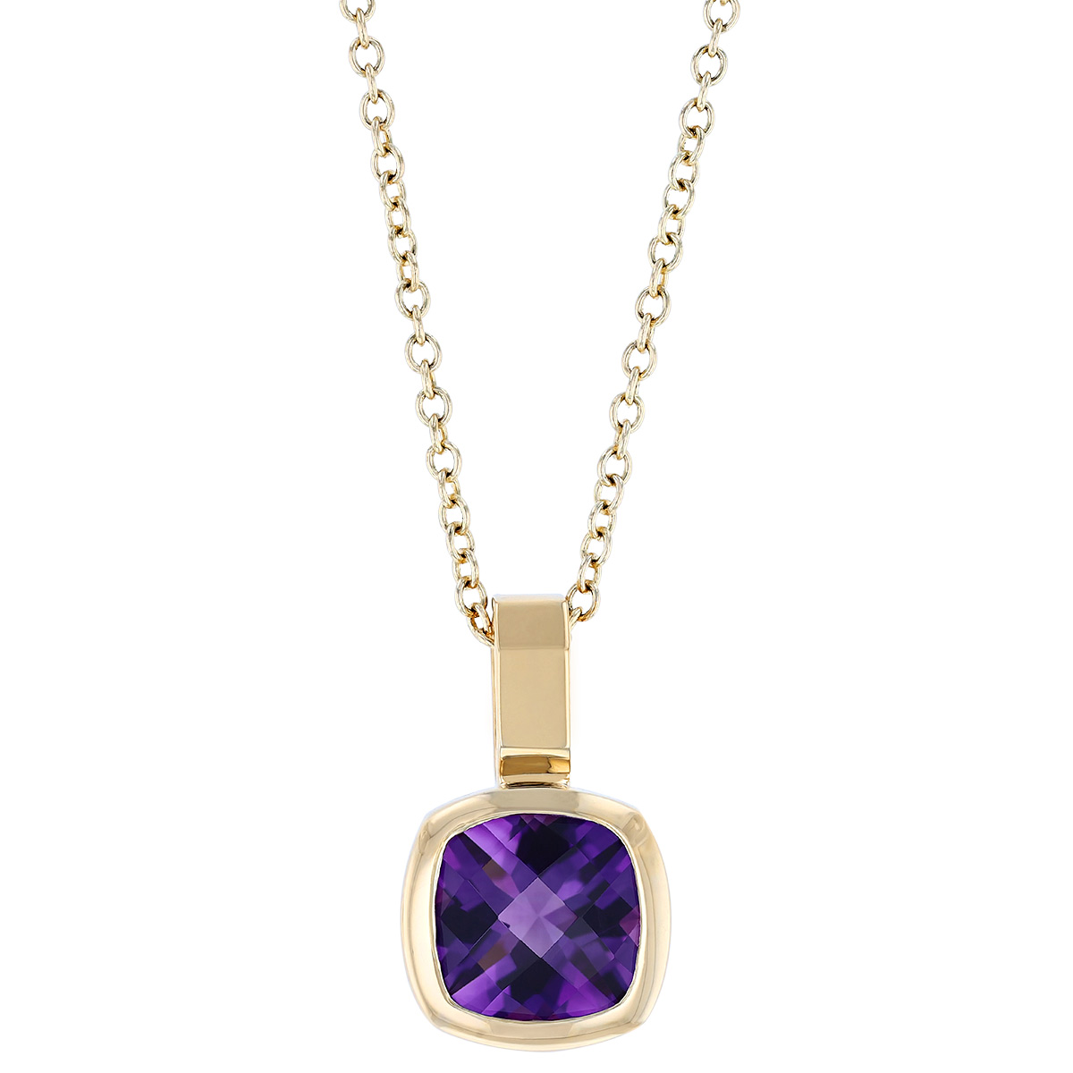 Cushion Amethyst Bezel Set Pendant in Yellow Gold, 18