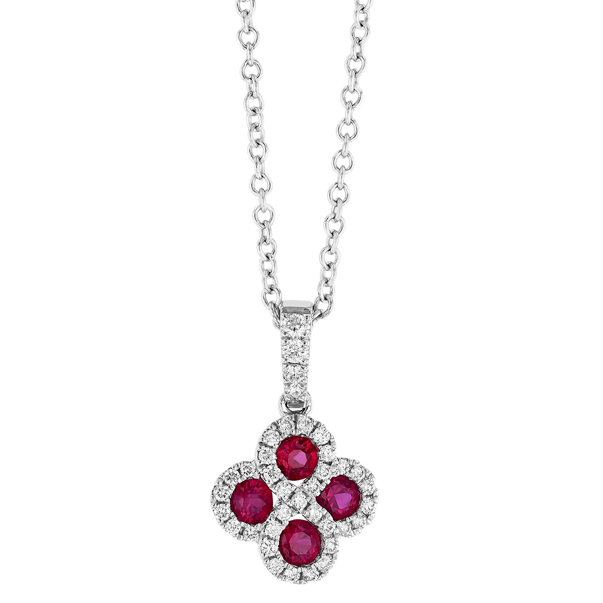 Ruby & Diamond Clover Pendant in White Gold, 18
