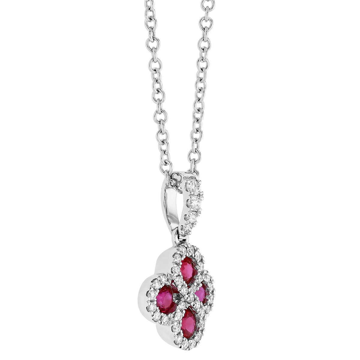 Ruby & Diamond Clover Pendant in White Gold, 18