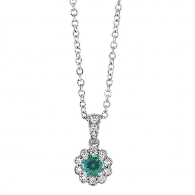 Alexandrite & Diamond Floral Halo & Milgrain Pendant in White Gold, 18"