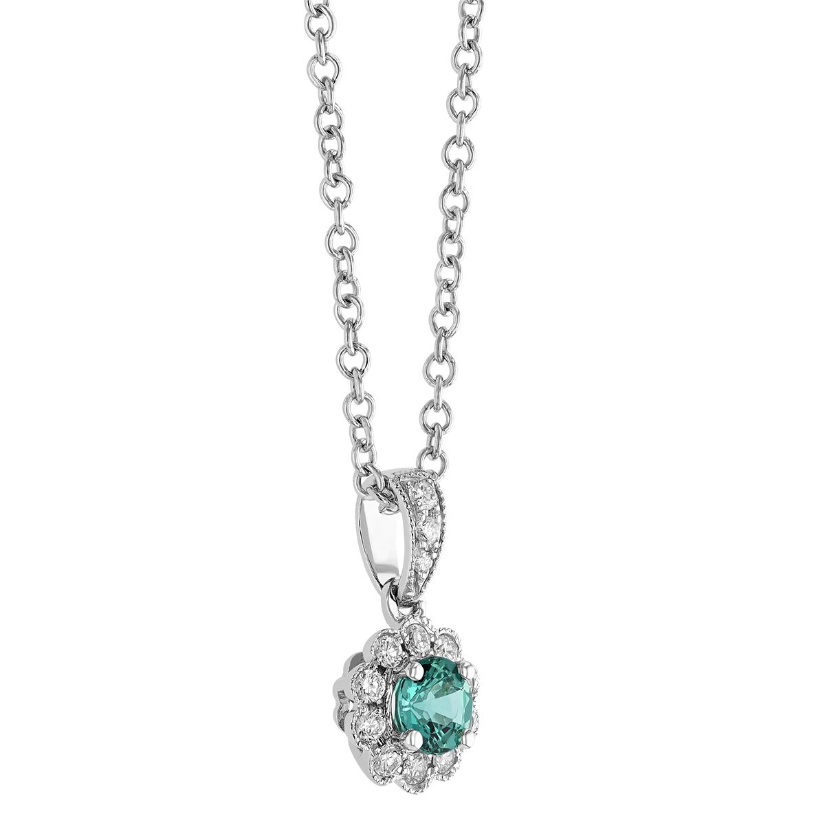 Alexandrite & Diamond Floral Halo & Milgrain Pendant in White Gold, 18