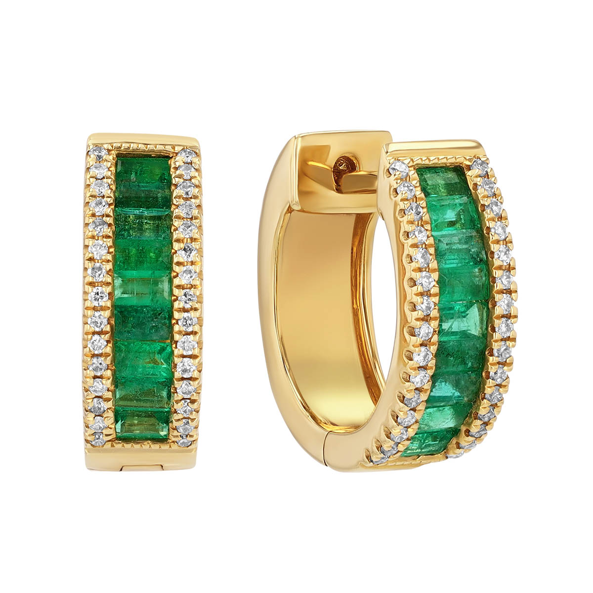 Baguette Emerald & Round Diamond Channel Set Huggie Hoop Earrings in Yellow Gold
