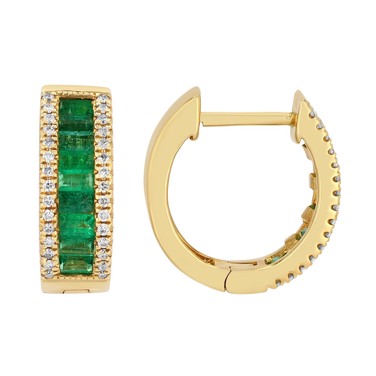 Baguette Emerald & Round Diamond Channel Set Huggie Hoop Earrings in Yellow Gold
