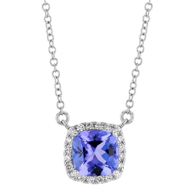 Cushion Tanzanite & Diamond Halo Pendant in White Gold, 18"