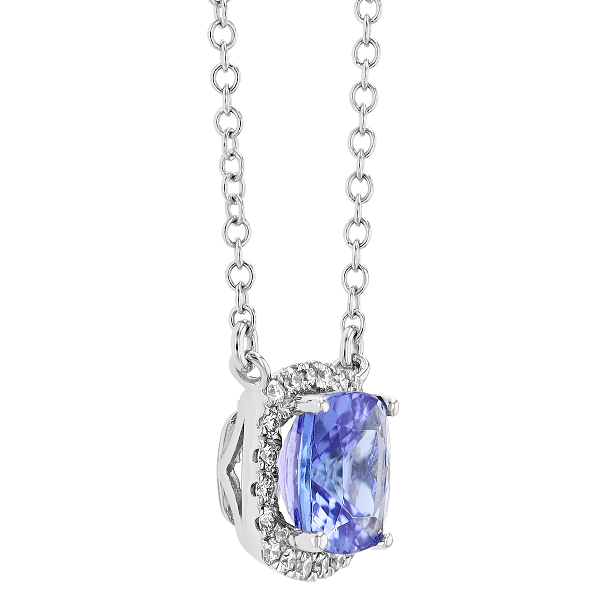Cushion Tanzanite & Diamond Halo Pendant in White Gold, 18
