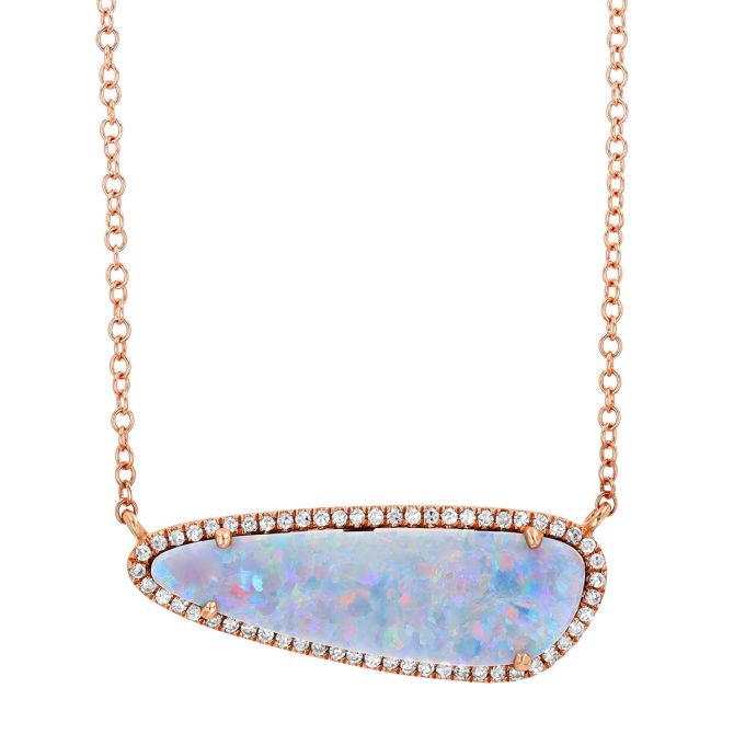 Black Opal & Diamond Halo Pendant in Rose Gold, 18"