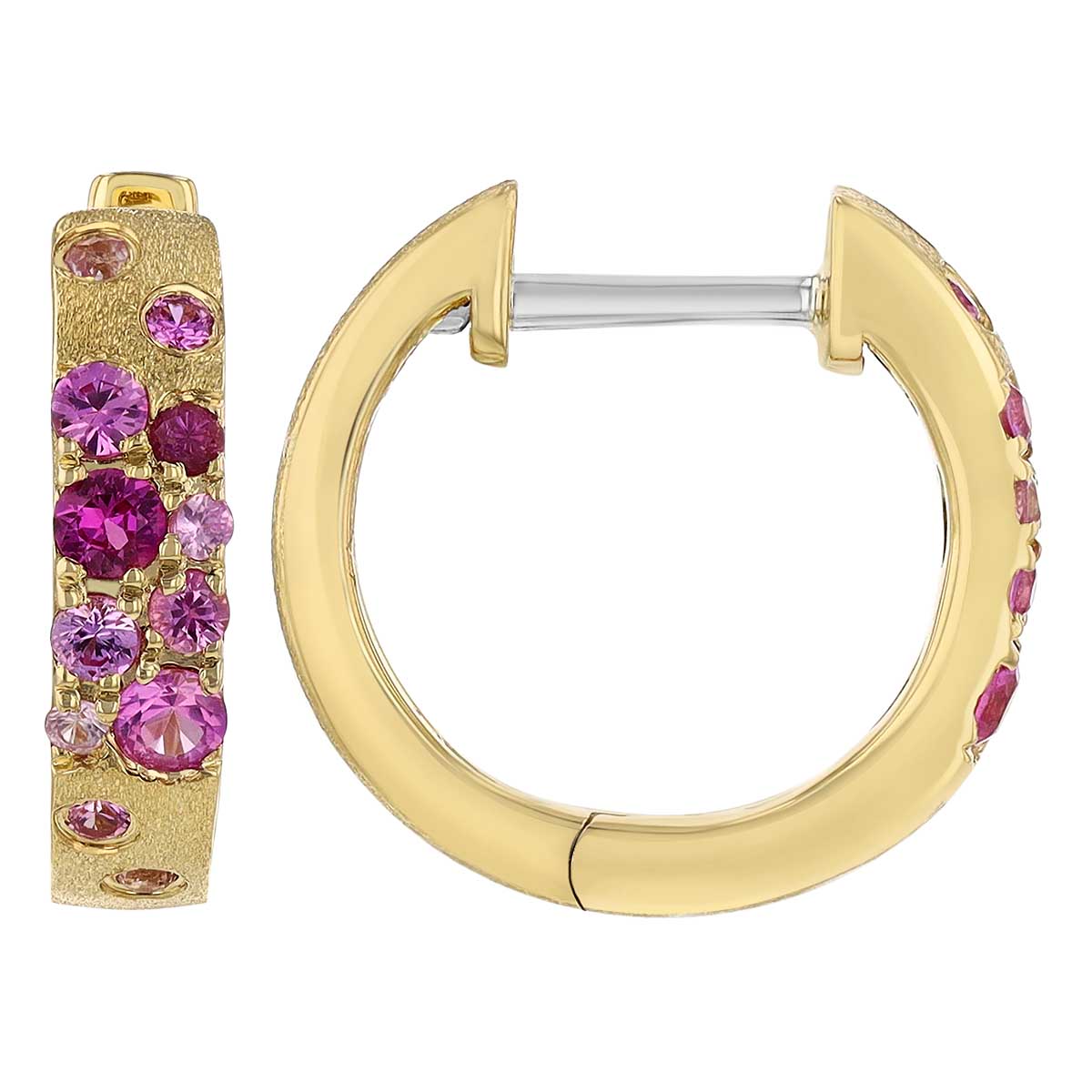 Pink Sapphire Flush Set Scattered Huggie Hoop Earrings in Yellow Gold