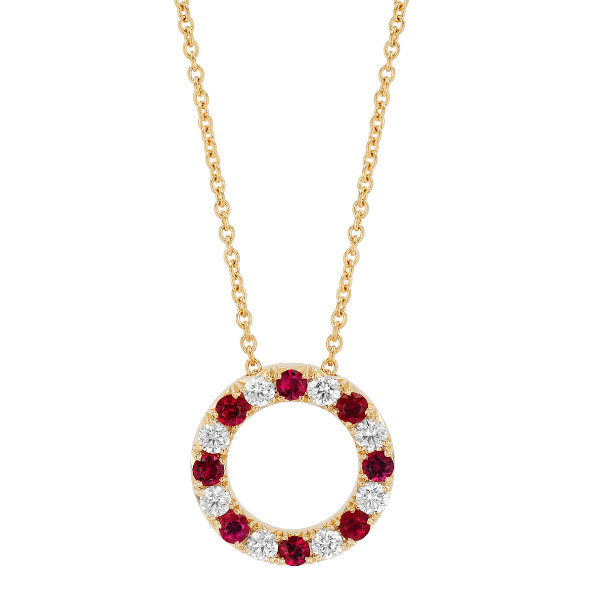 Ruby & Diamond Open Circle Pendant in Yellow Gold, 17