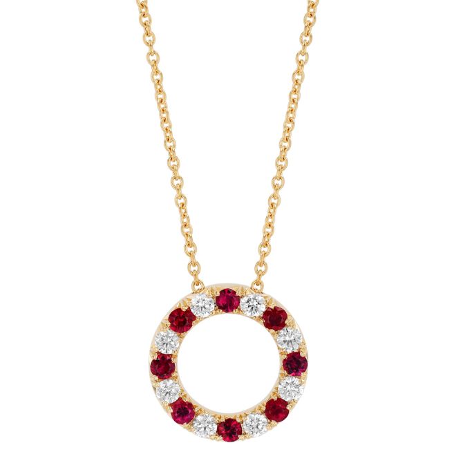 Ruby & Diamond Open Circle Pendant in Yellow Gold, 17"