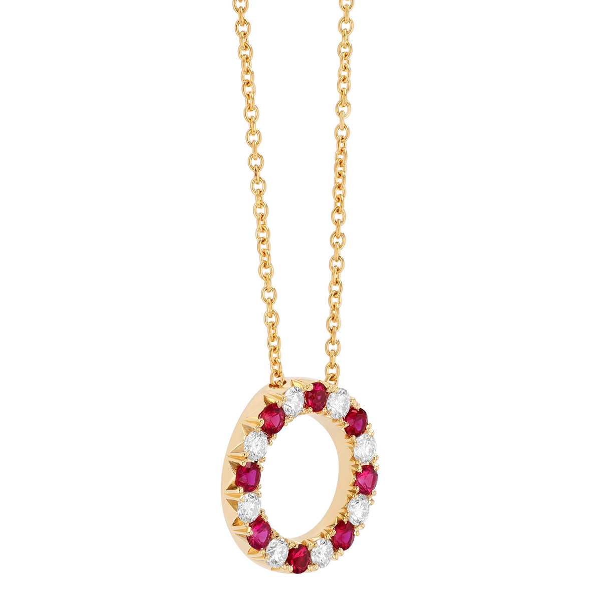 Ruby & Diamond Open Circle Pendant in Yellow Gold, 17