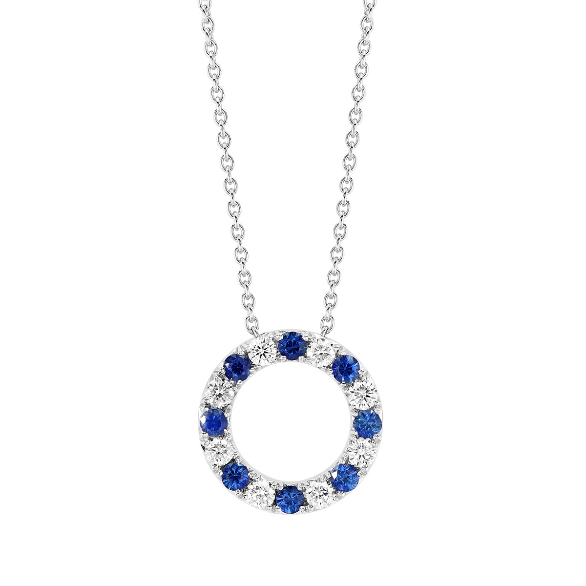 Round Sapphire & Diamond Open Circle Pendant in White Gold, 17