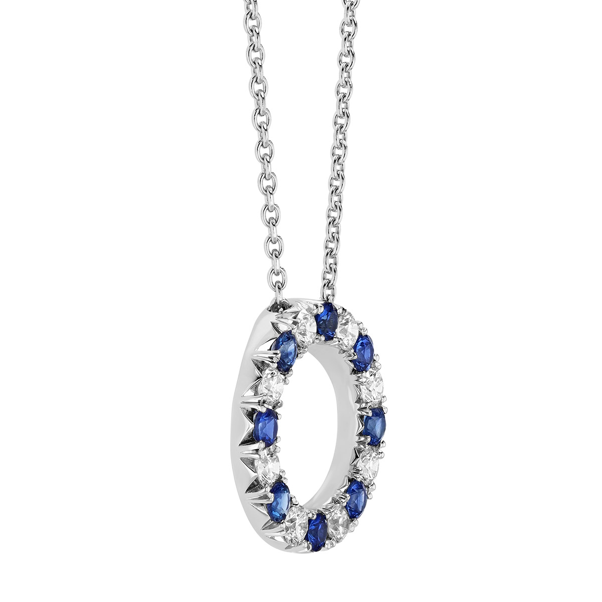 Round Sapphire & Diamond Open Circle Pendant in White Gold, 17
