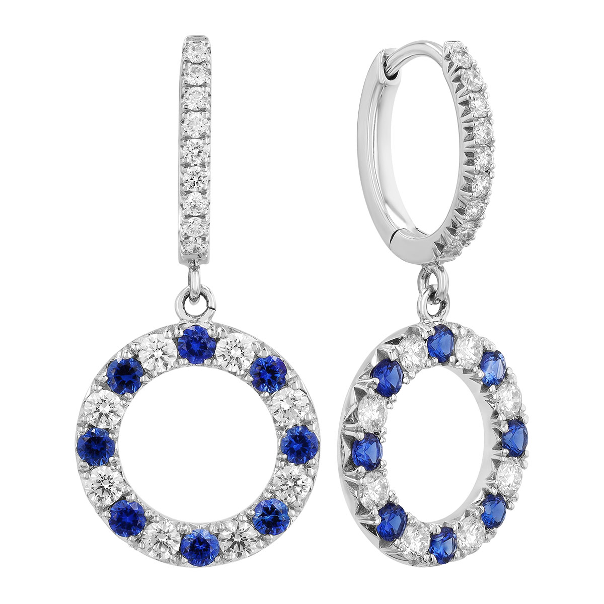 Sapphire & Diamond Open Circle Dangle Huggie Earrings in White Gold