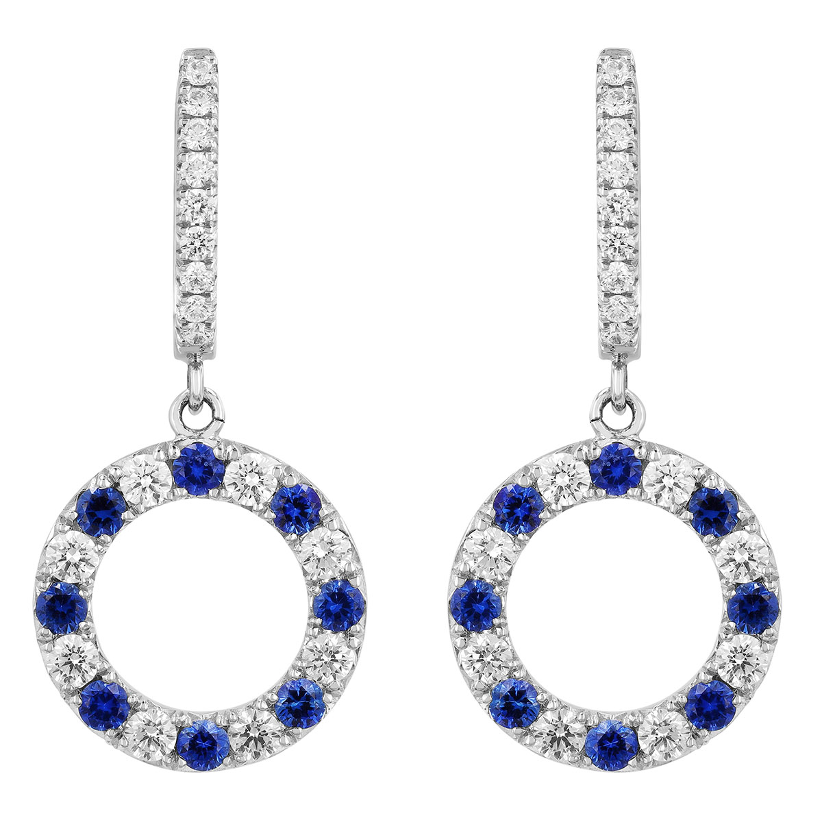 Sapphire & Diamond Open Circle Dangle Huggie Earrings in White Gold