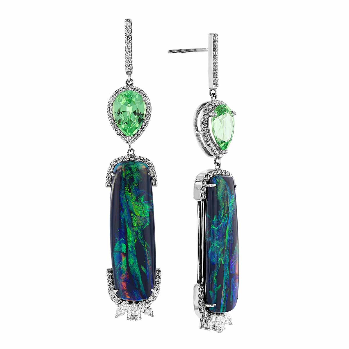Oval Cabochon Black Opal, Pear Shaped Tsavorite Garnet & Diamond Halo Drop Earrings in White Gold