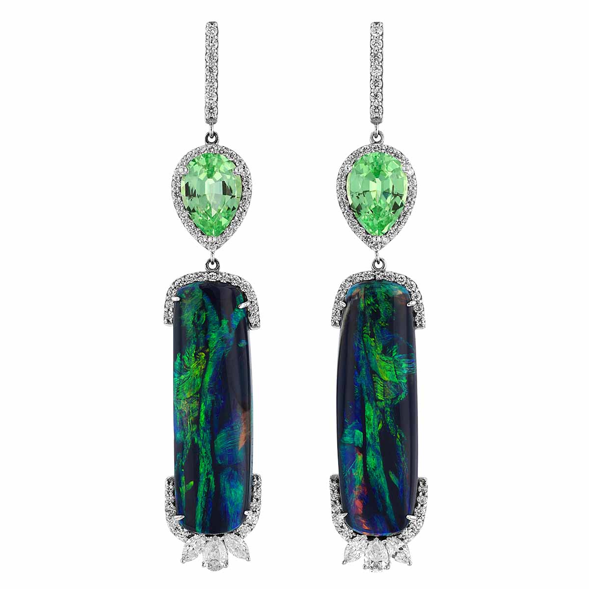 Oval Cabochon Black Opal, Pear Shaped Tsavorite Garnet & Diamond Halo Drop Earrings in White Gold