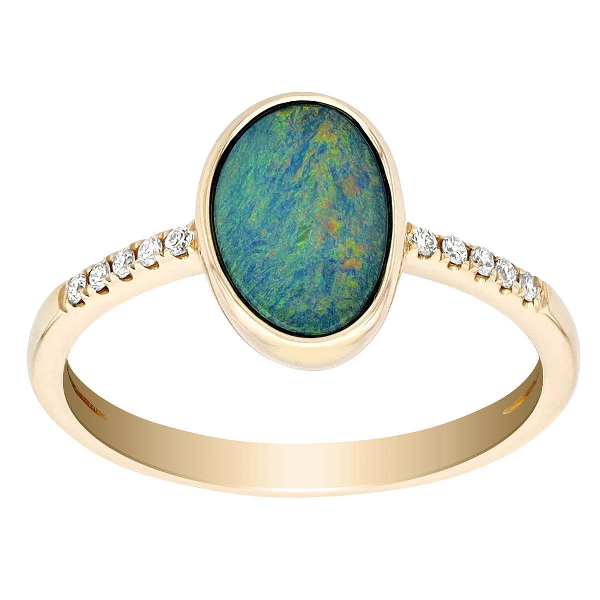 Black Opal Doublet Bezel Set Ring with Diamond Shank in Yellow Gold