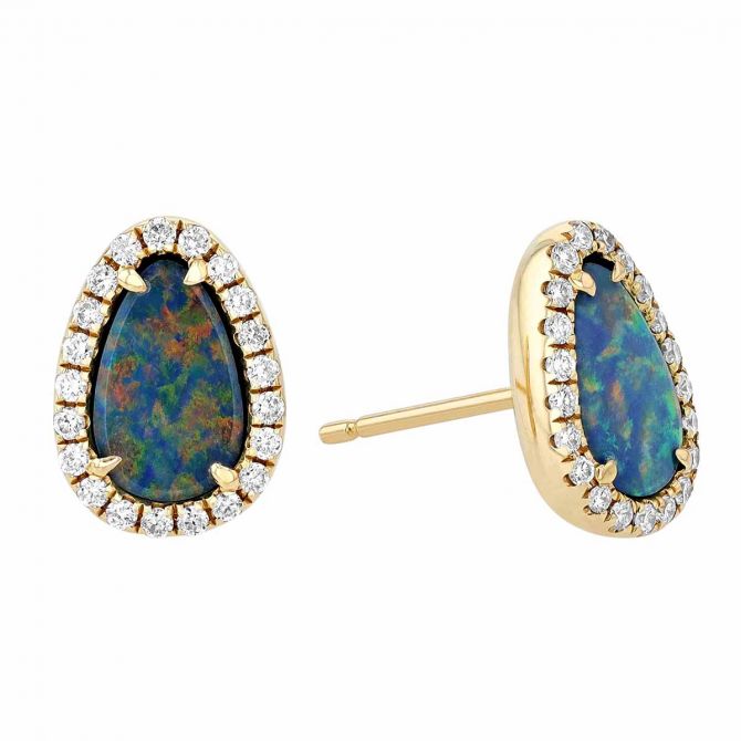 Teardrop Black Opal Doublet with Diamond Halo Stud Earrings in Yellow Gold