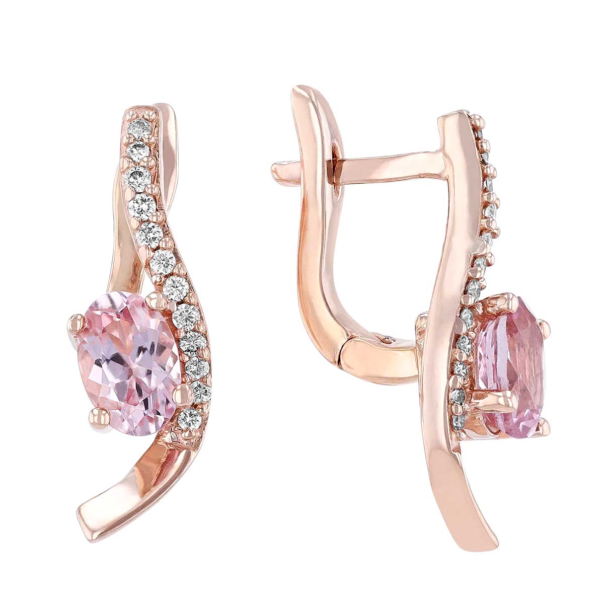 Oval Lotus Garnet & Curved Diamond Drop Post  Earrings in Rose Gold