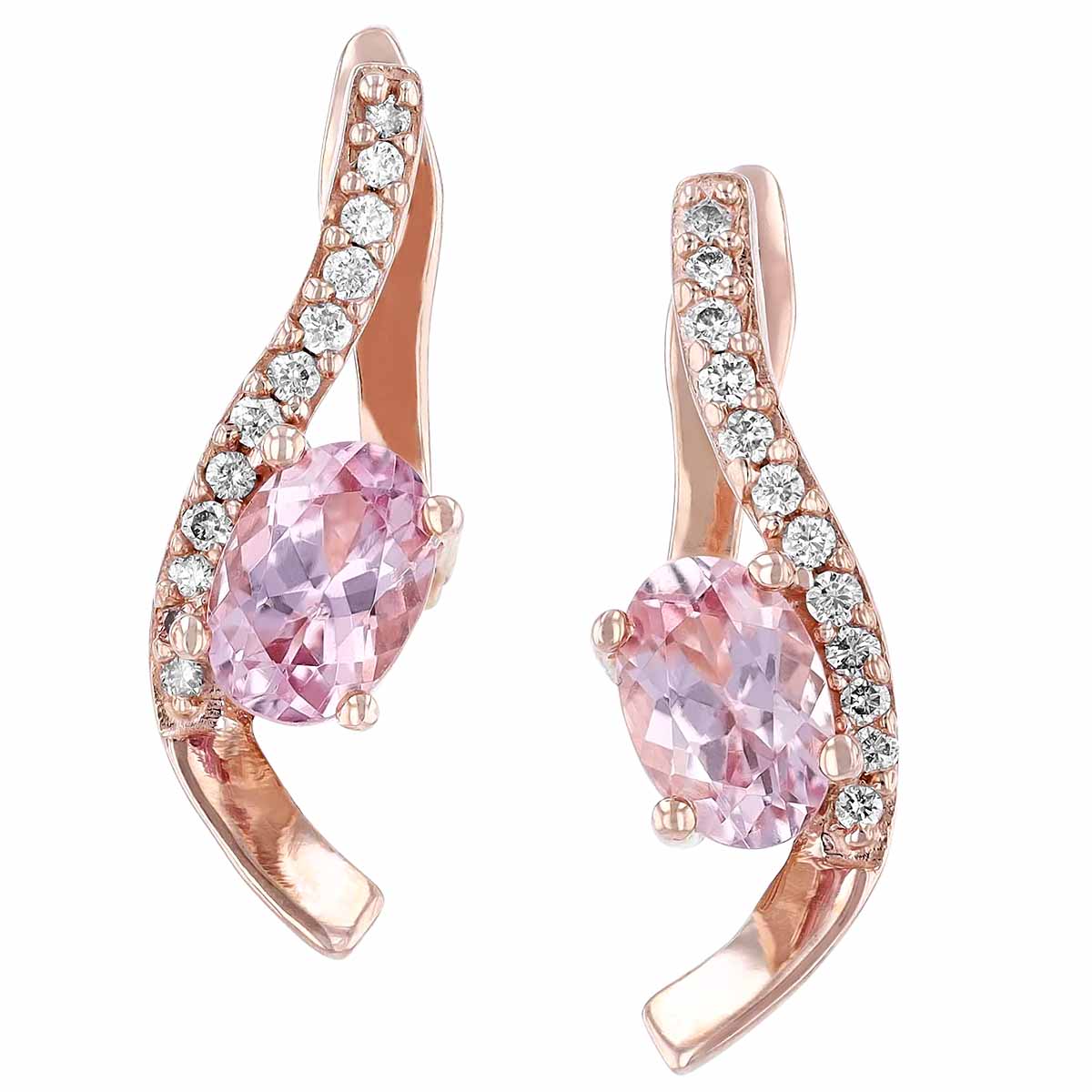 Oval Lotus Garnet & Curved Diamond Drop Post  Earrings in Rose Gold