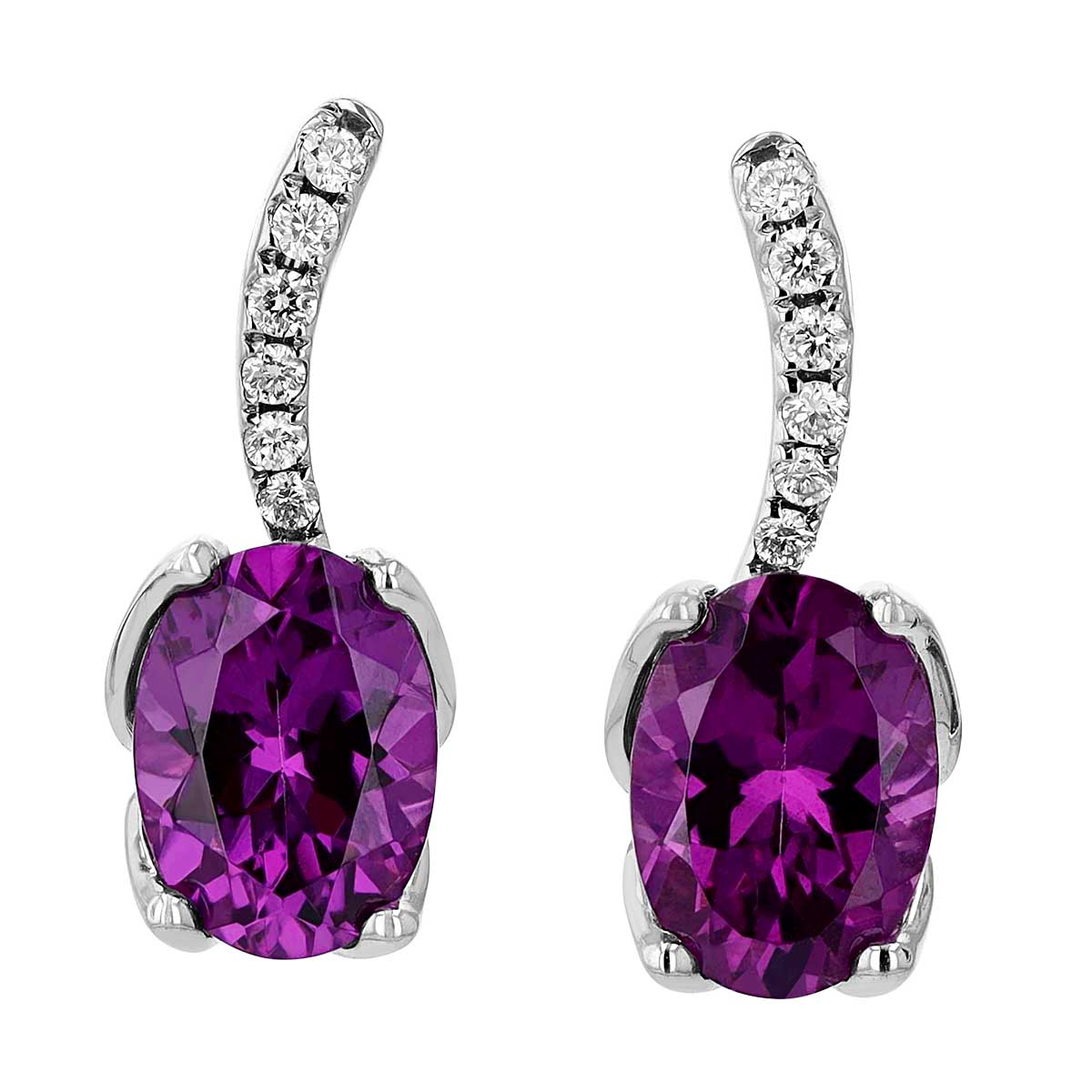 Oval Rhodolite Garnet & Diamond Curved Post Drop Earrings in White Gold