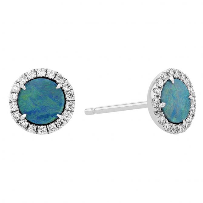 Round Black Opal Doublet with Diamond Halo Stud Earrings in White Gold