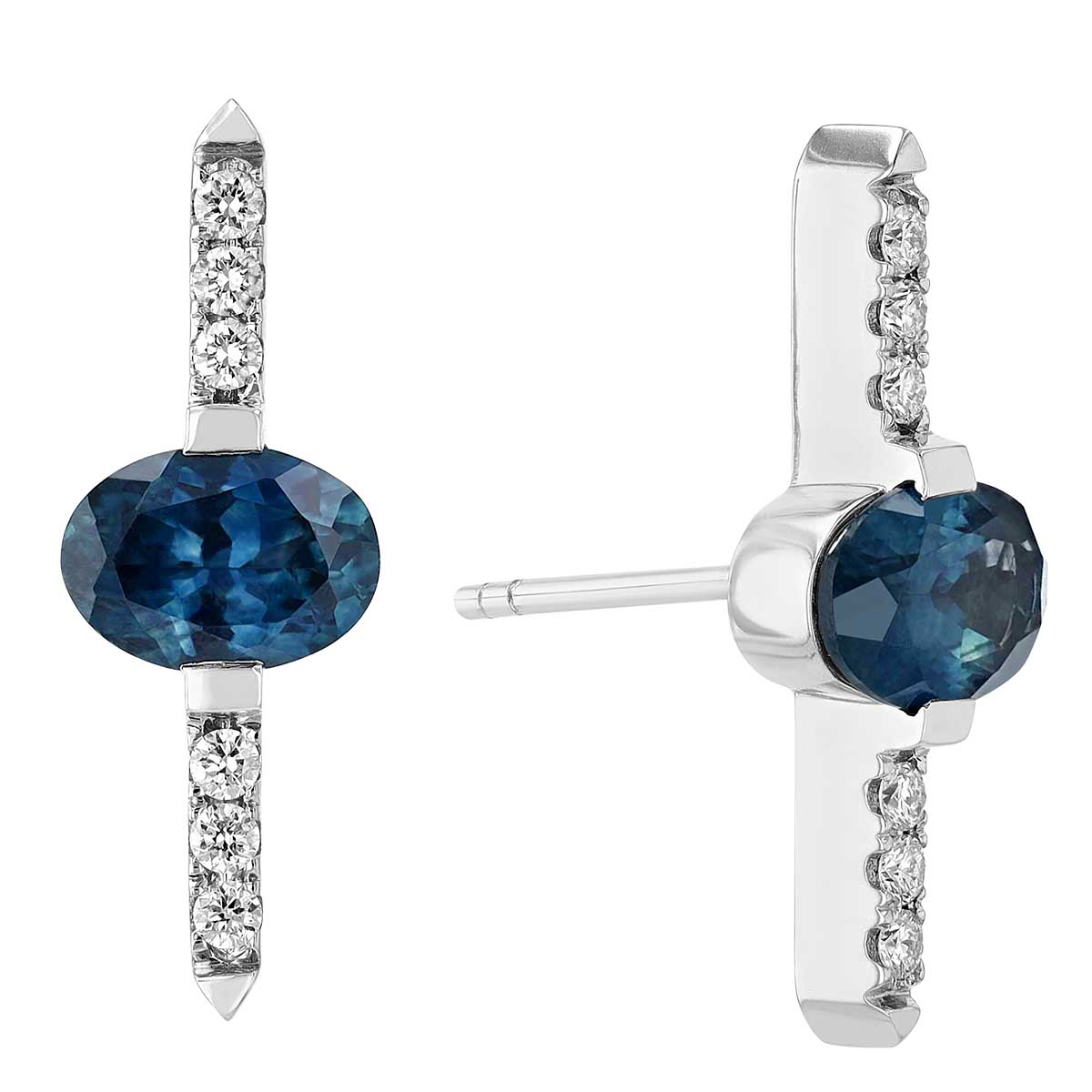 Oval Sapphire & Diamond Bar Post Earrings in White Gold
