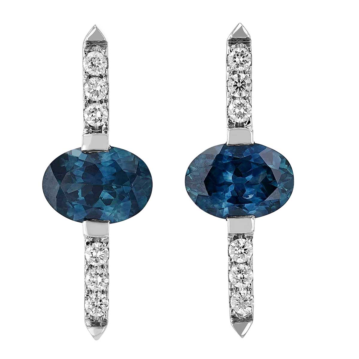 Oval Sapphire & Diamond Bar Post Earrings in White Gold