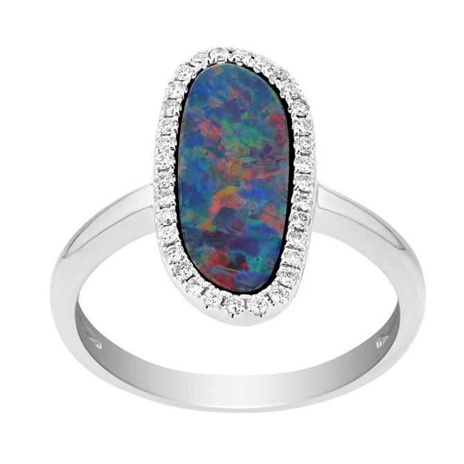 Black Opal Doublet with Diamond Halo Ring in White Gold