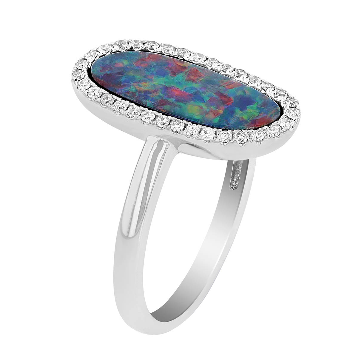 Black Opal Doublet with Diamond Halo Ring in White Gold
