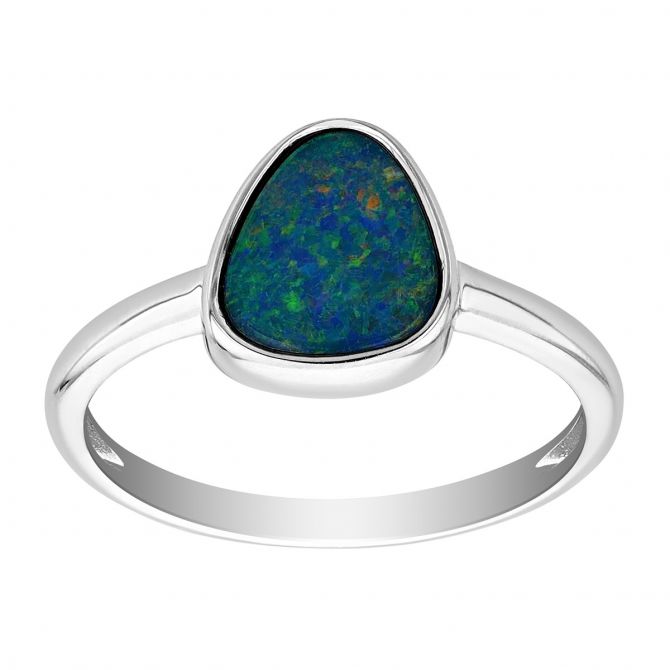Black Opal Doublet Bezel Set Ring in White Gold