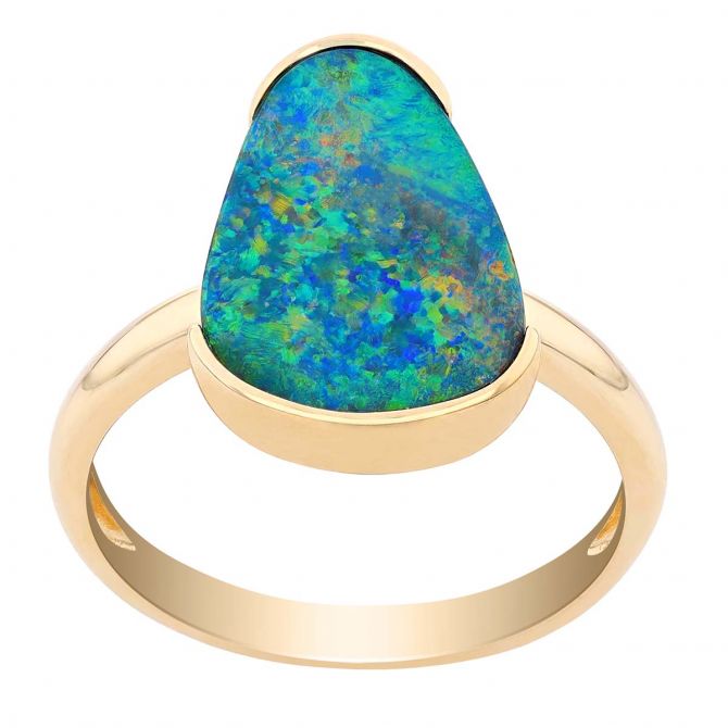 Black Opal Doublet Half Bezel Ring in Yellow Gold