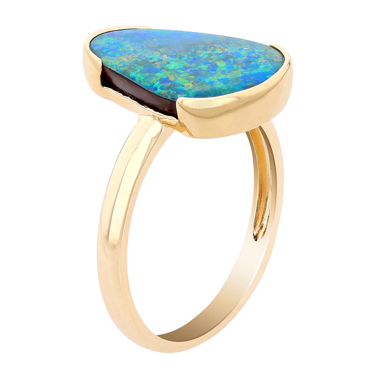 Black Opal Doublet Half Bezel Ring in Yellow Gold