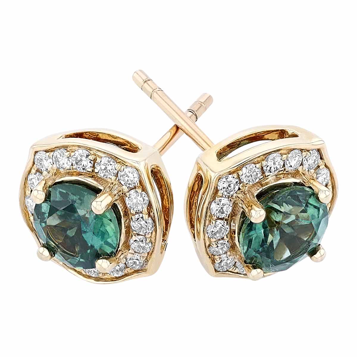 Round Sapphire & Diamond Halo Stud Earrings in Yellow Gold
