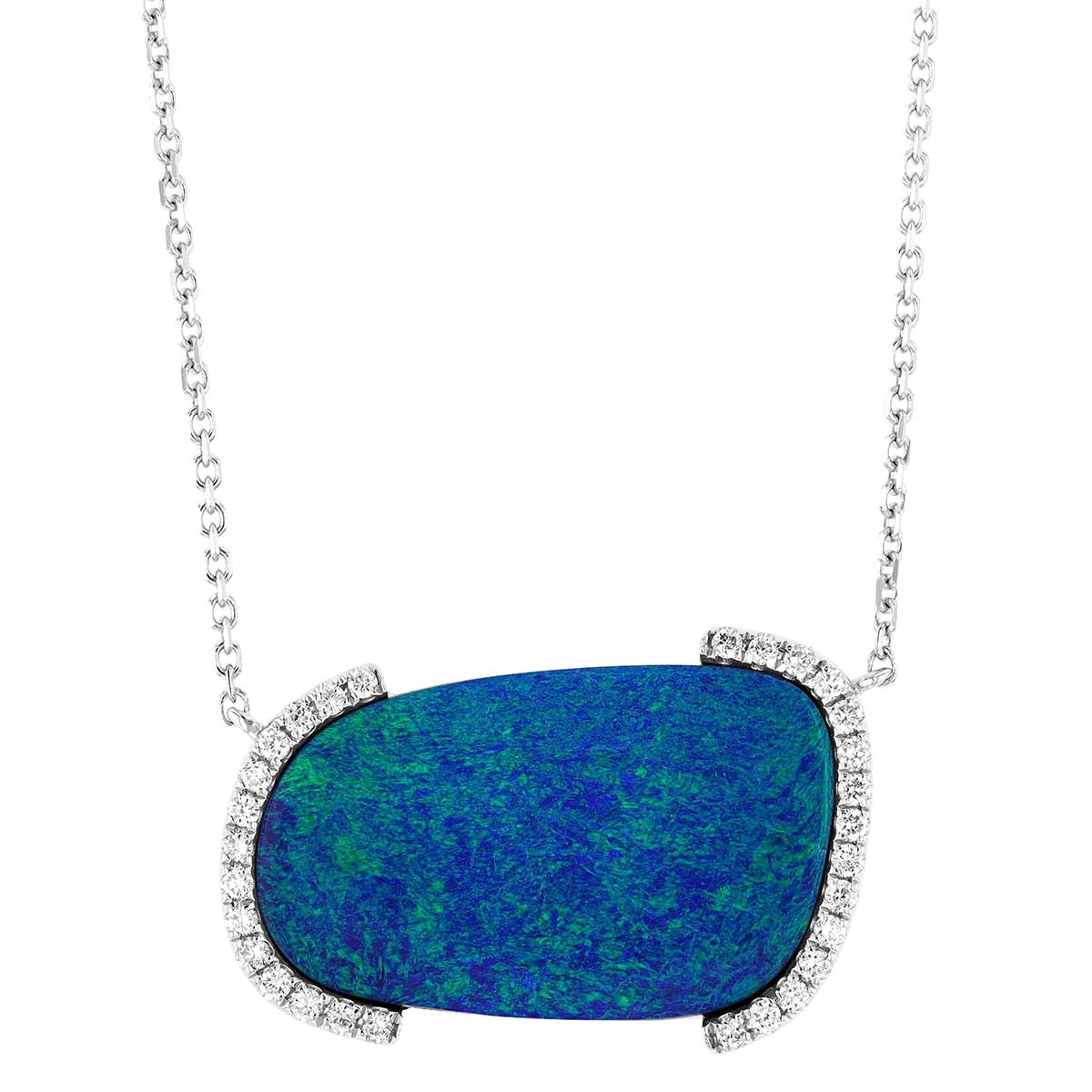 Black Opal Doublet with Half Diamond Halo Pendant in White Gold, 18