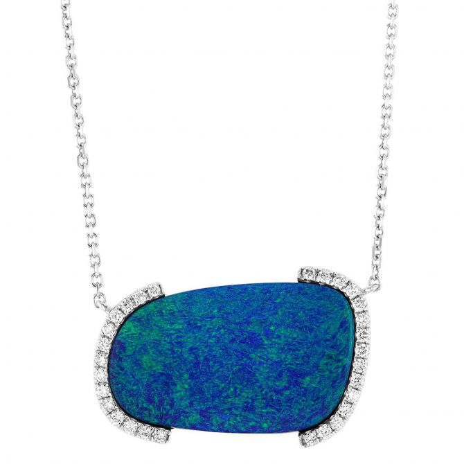Black Opal Doublet with Half Diamond Halo Pendant in White Gold, 18"