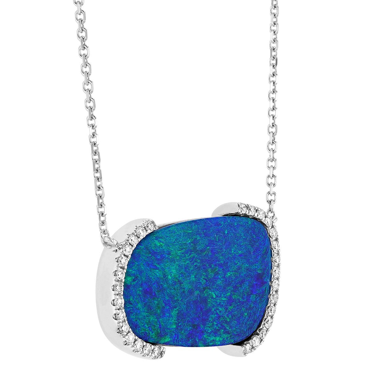 Black Opal Doublet with Half Diamond Halo Pendant in White Gold, 18