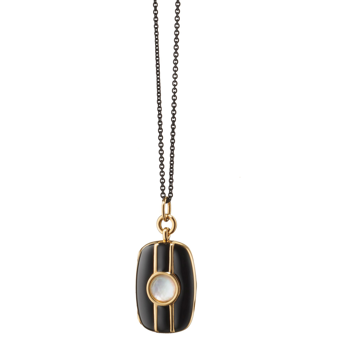 Monica Rich Kosann Black Enamel and Yellow Gold Vermeil Slim Locket White Mother of Pearl