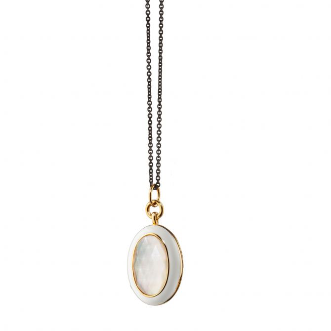 Monica Rich Kosann White Enamel and Yellow Gold Vermeil Oval Locket with White Mother of Pearl