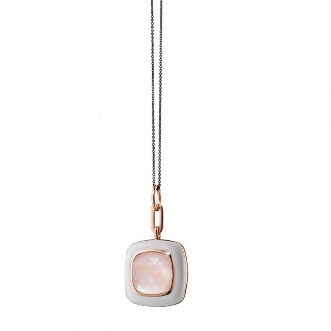 Monica Rich Kosann White Enamel and Rose Gold Vermeil Square Locket with Rose Quartz