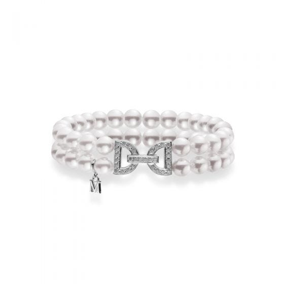 Mikimoto Akoya Cultured Pearl Double Row Bracelet with Diamond Clasp