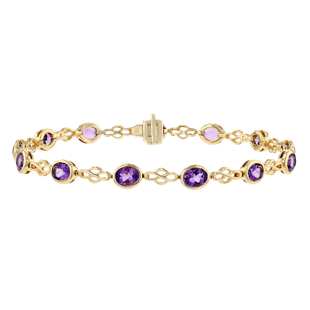 Oval Amethyst 13 Stone Lace Link Bracelet in Yellow Gold