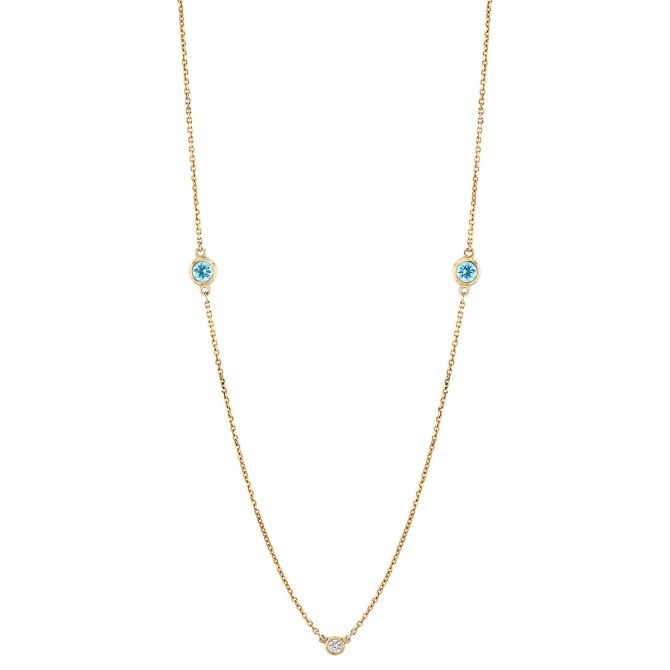 Aquamarine, Topaz, & Diamond 3 Station Necklace in Yellow Gold 16"
