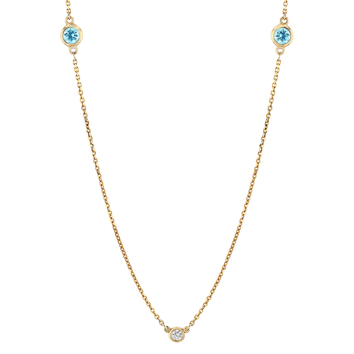 Aquamarine, Topaz, & Diamond 3 Station Necklace in Yellow Gold 16