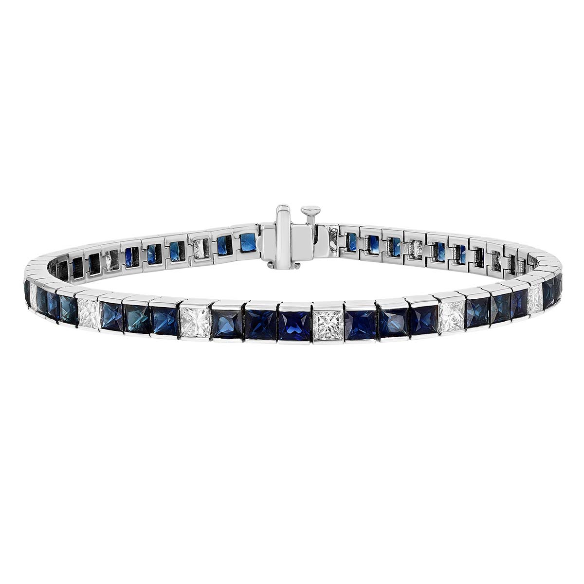 Princess Cut Sapphire & Diamond Channel Set Tennis Bracelet in White Gold, 7.5