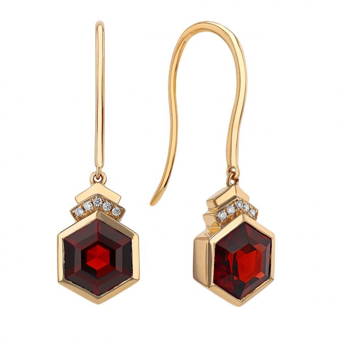 Hexagon Garnet & Diamond Drop Earrings in Yellow Gold
