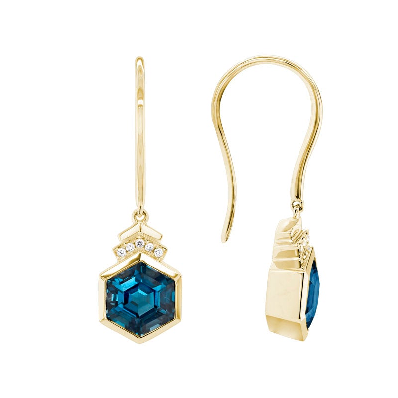 Hexagon Topaz & Diamond Drop Earrings in Yellow Gold