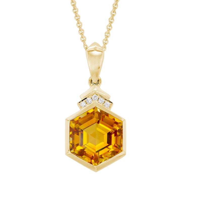 Hexagon Citrine & Diamond Pendant in Yellow Gold