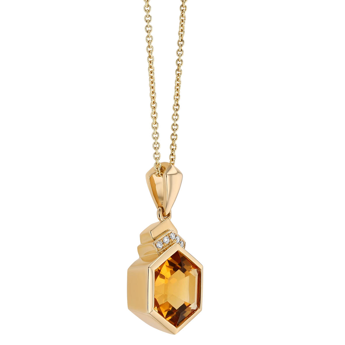Hexagon Citrine & Diamond Pendant in Yellow Gold